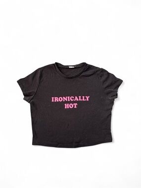 Garage Black Crop Tee with Pink 'IRONICALLY HOT' Graphic